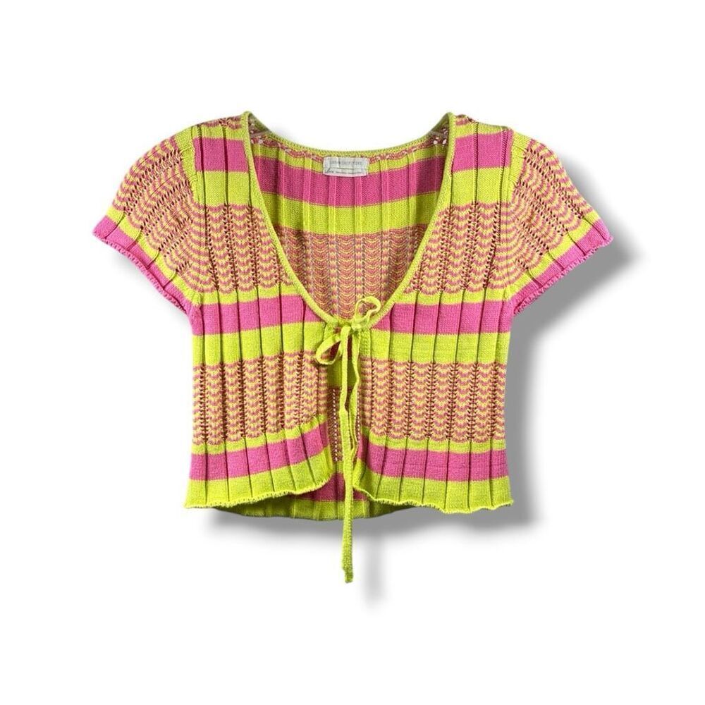Urban Outfitters Cropped Short Sleeve Knit Cardigan in bright Green Pink Size M